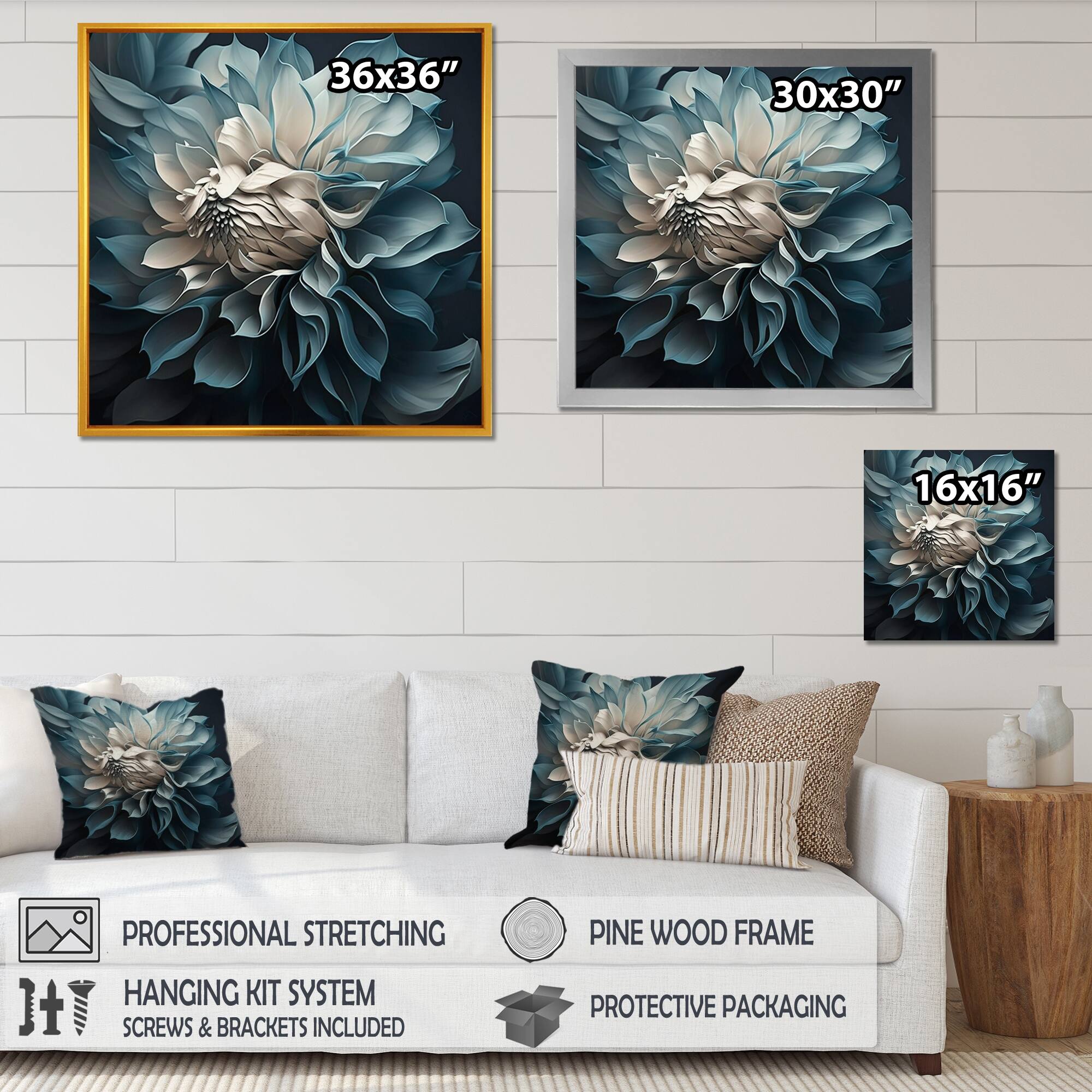 Designart "Blue And White Dahlia Flowers I" Floral Dahlia Framed Canvas Art Print Bed Bath